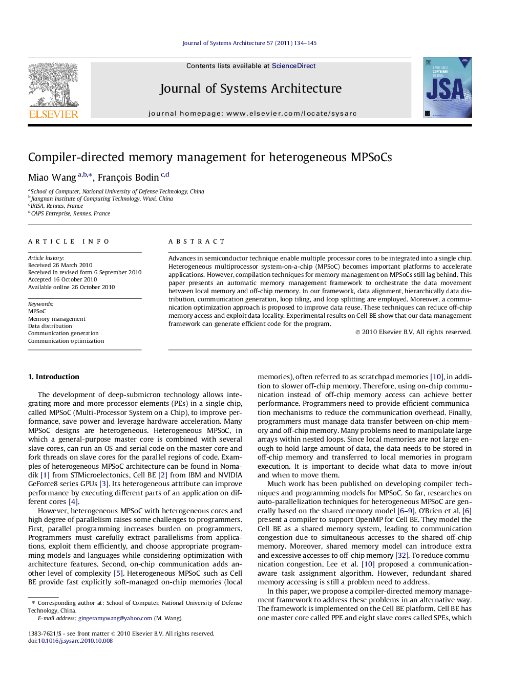 Compiler-directed memory management for heterogeneous MPSoCs