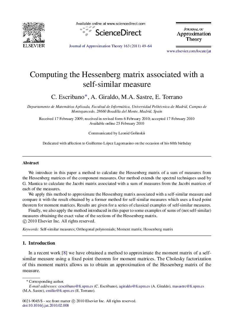 Computing the Hessenberg matrix associated with a self-similar measure