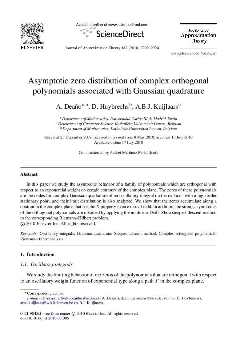 Asymptotic zero distribution of complex orthogonal polynomials associated with Gaussian quadrature