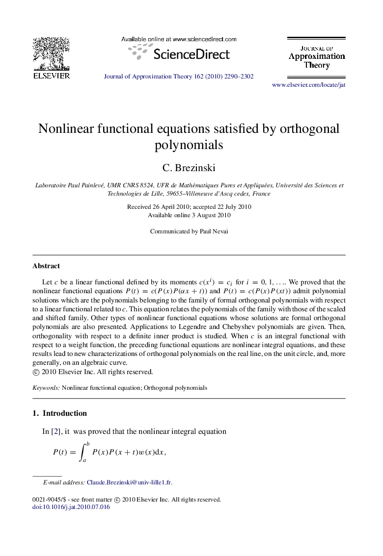 Nonlinear functional equations satisfied by orthogonal polynomials