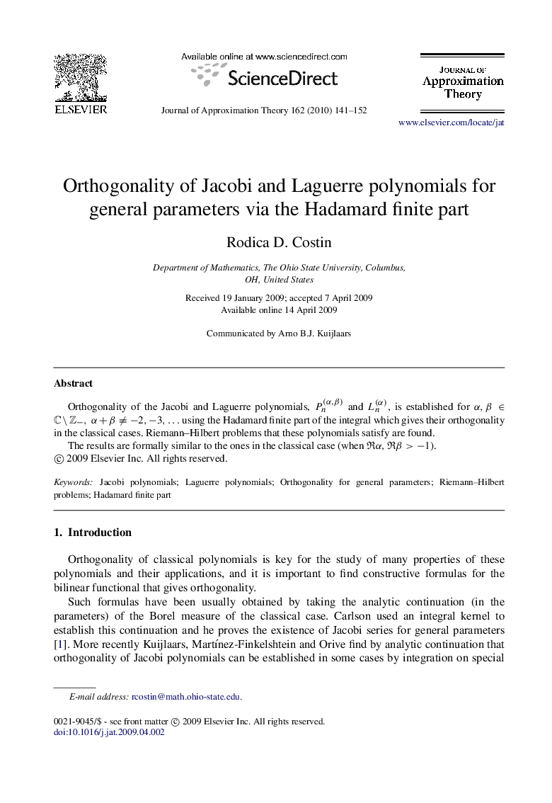 Orthogonality of Jacobi and Laguerre polynomials for general parameters via the Hadamard finite part
