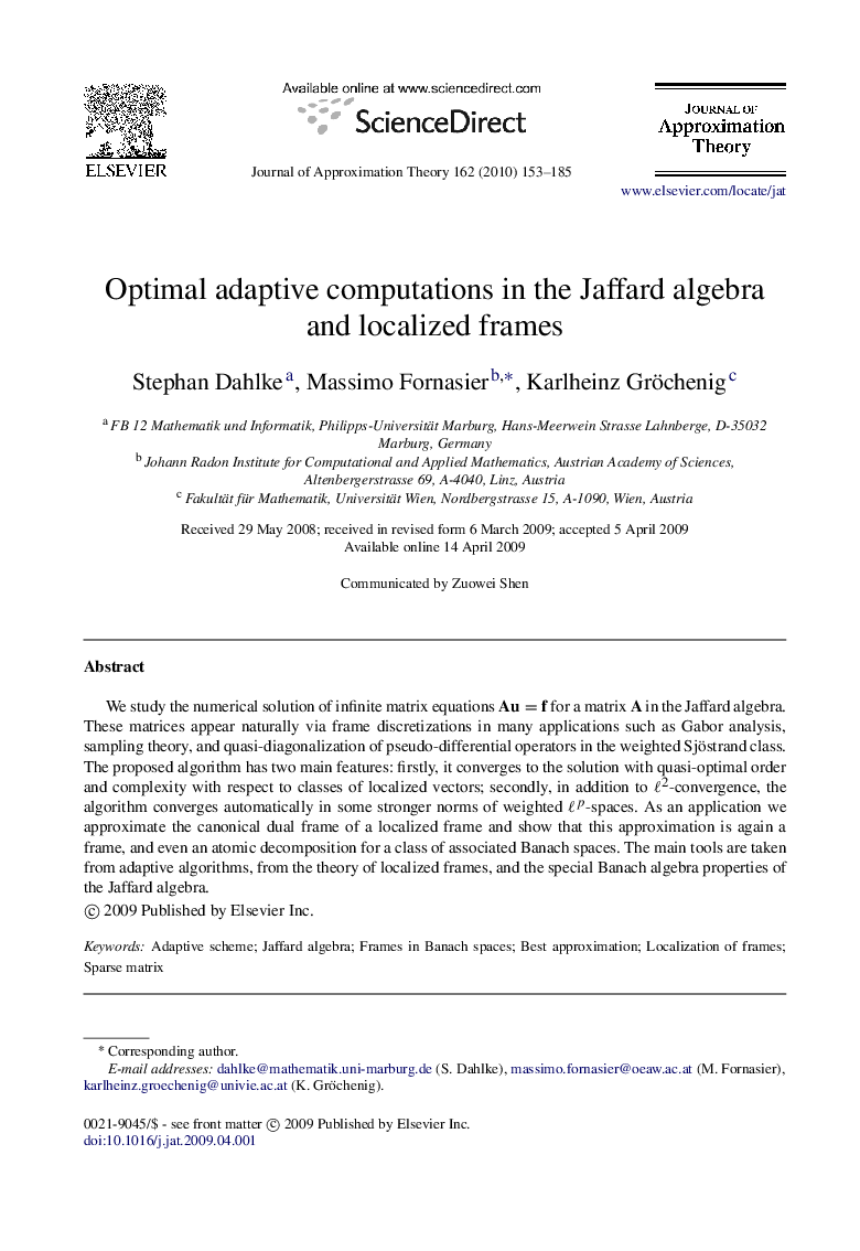 Optimal adaptive computations in the Jaffard algebra and localized frames