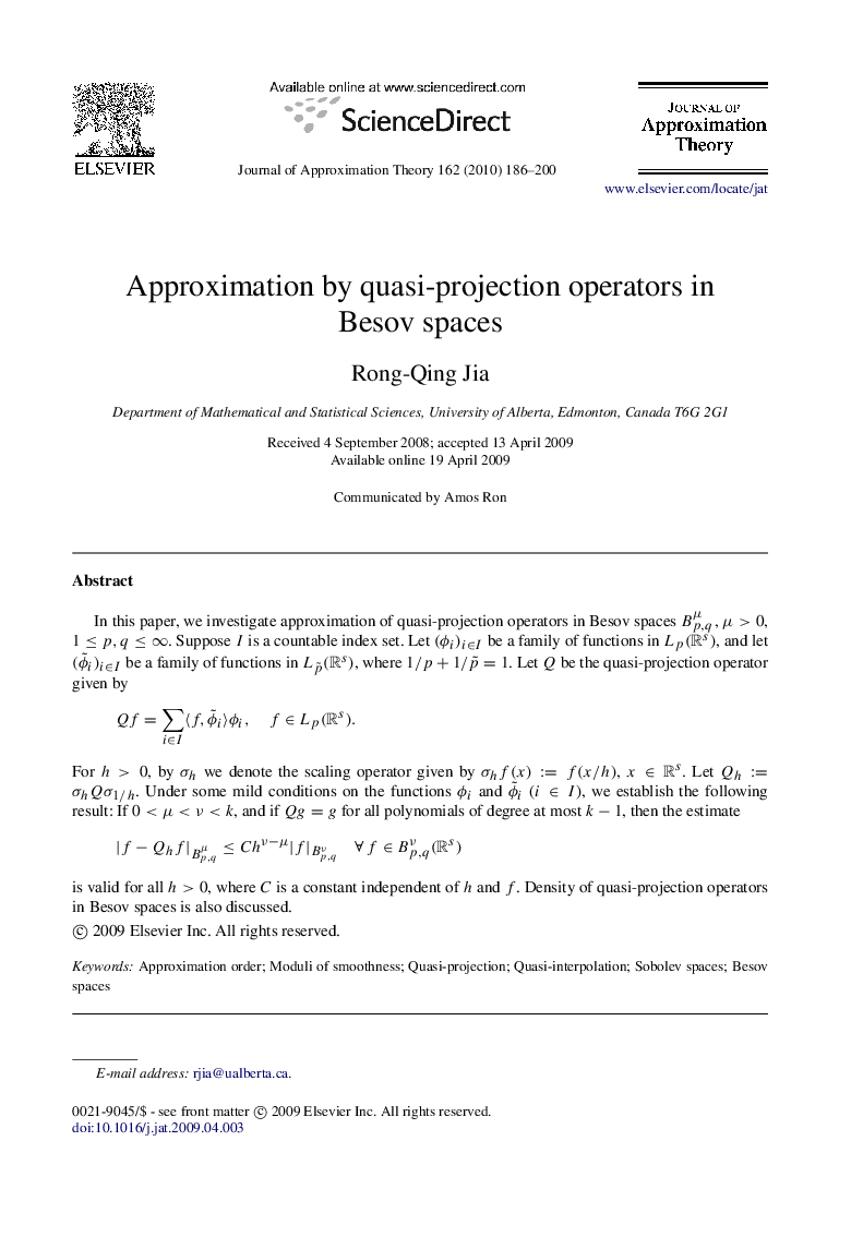 Approximation by quasi-projection operators in Besov spaces