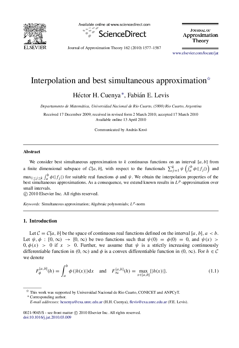 Interpolation and best simultaneous approximation 