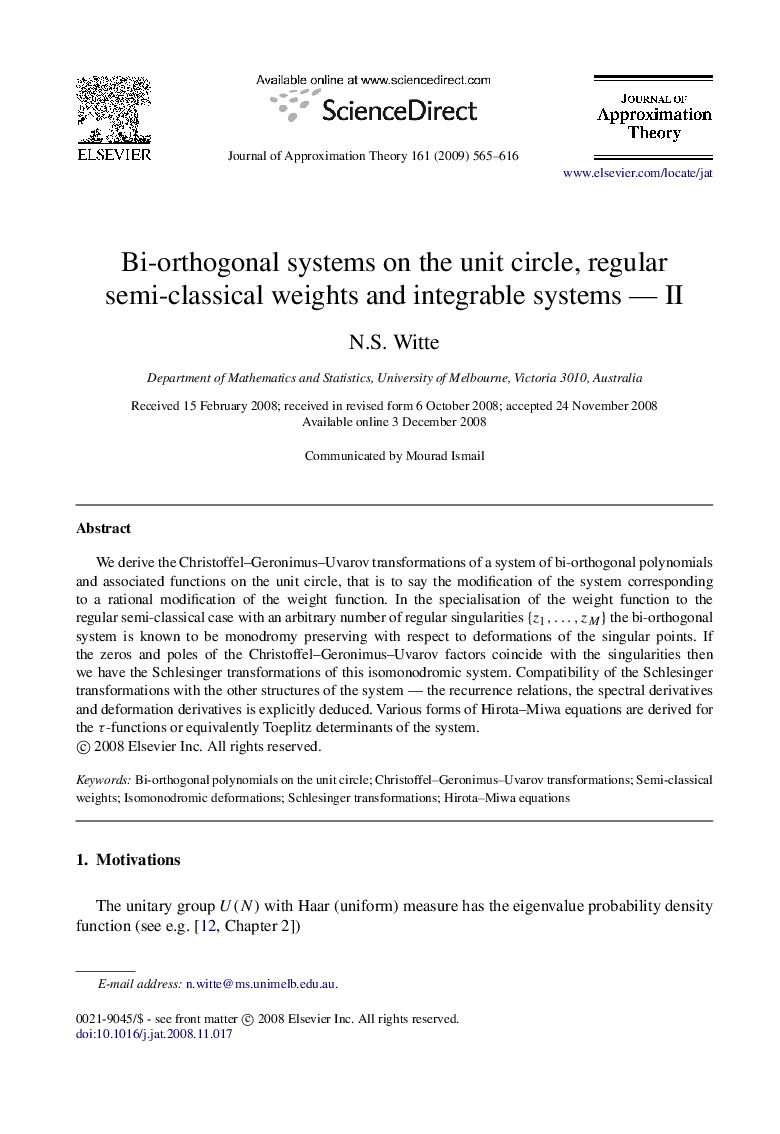 عکس صفحه اول مقاله: Bi-orthogonal systems on the unit circle, regular semi-classical weights and integrable systems — II Bi-orthogonal systems on the unit circle, regular semi-classical weights and integrable systems — II