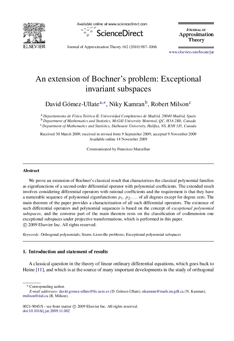 An extension of Bochner’s problem: Exceptional invariant subspaces