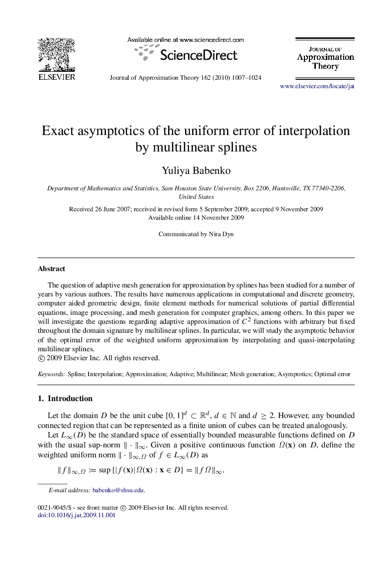Exact asymptotics of the uniform error of interpolation by multilinear splines