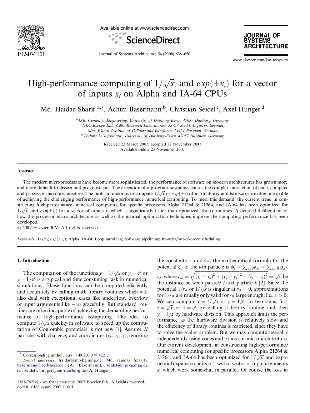 High-performance computing of 1/xiandexp(±xi) for a vector of inputs xixi on Alpha and IA-64 CPUs