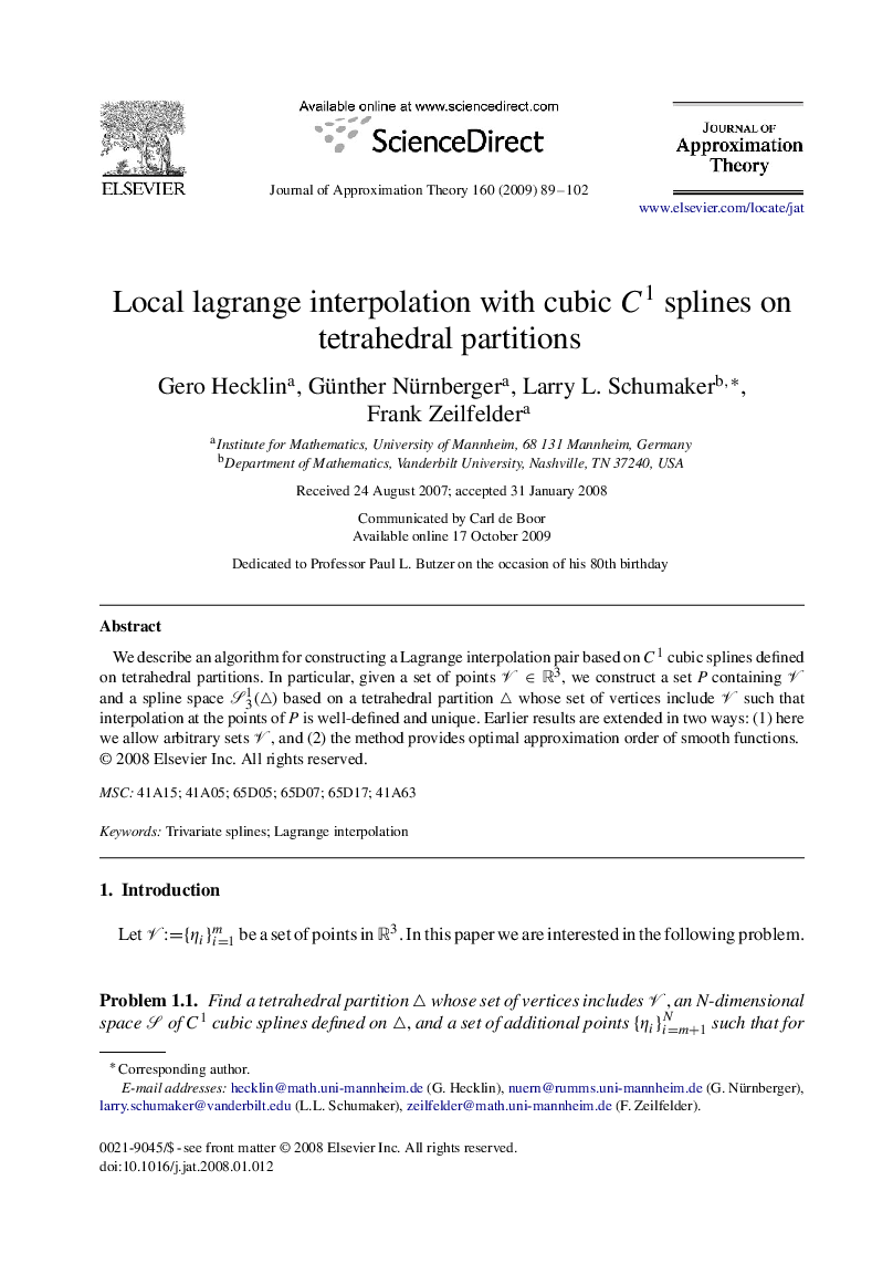 Local lagrange interpolation with cubic C1 splines on tetrahedral partitions
