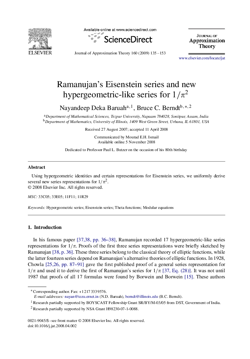 عکس صفحه اول مقاله: Ramanujan's Eisenstein series and new hypergeometric-like series for 1/π2 Ramanujan's Eisenstein series and new hypergeometric-like series for 1/π2