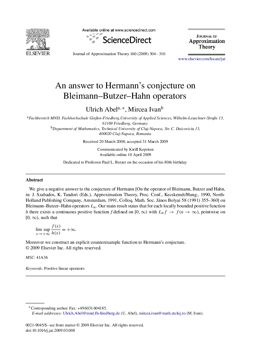 An answer to Hermann's conjecture on Bleimann–Butzer–Hahn operators