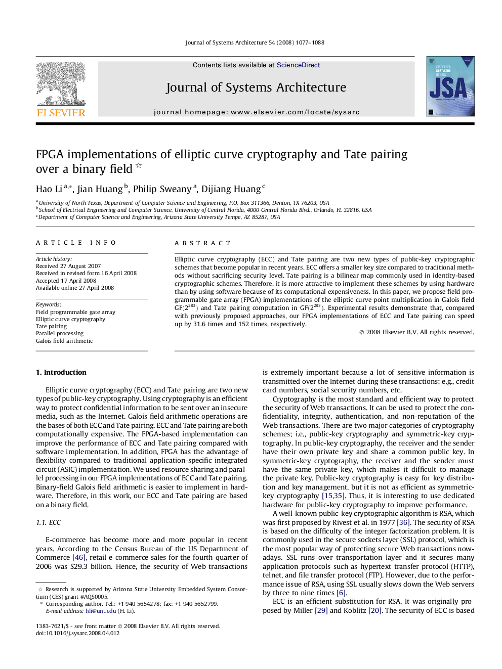 FPGA implementations of elliptic curve cryptography and Tate pairing over a binary field 