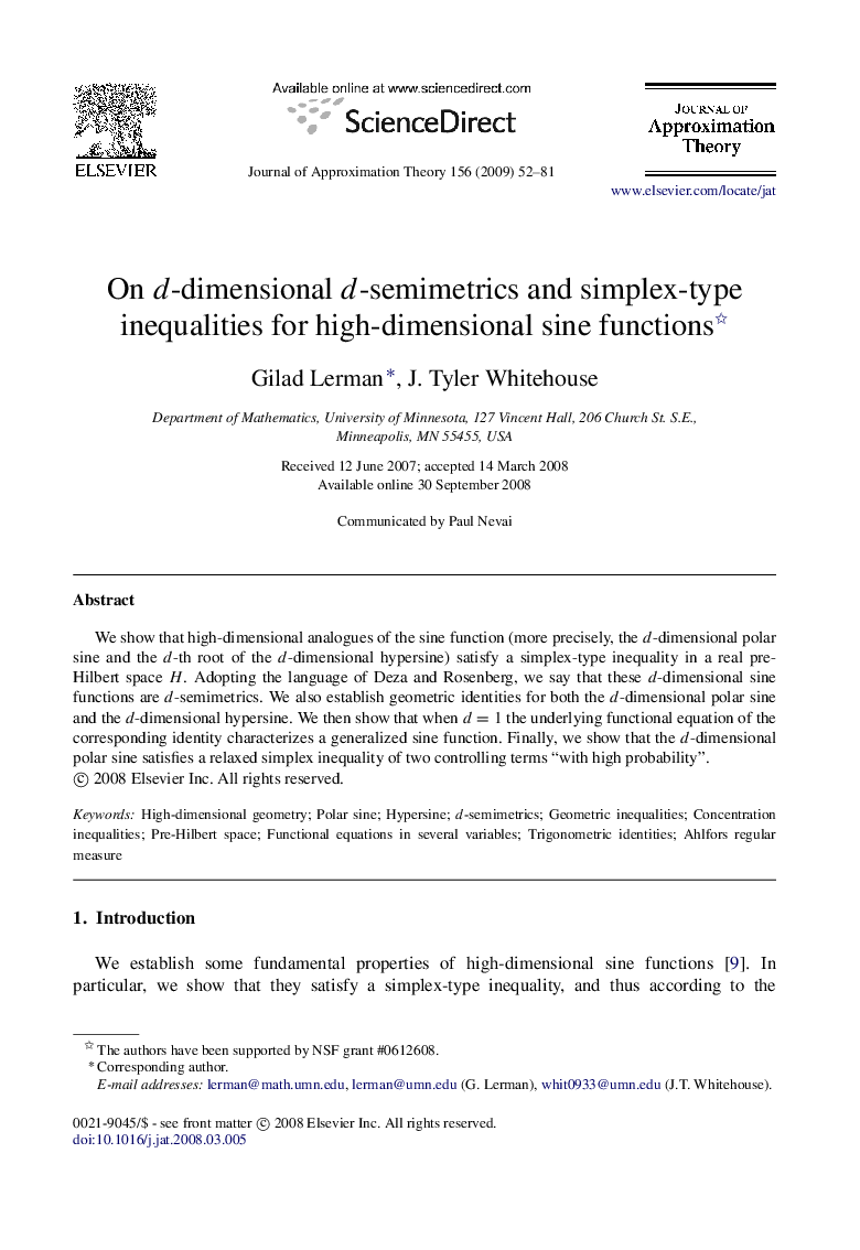 On dd-dimensional dd-semimetrics and simplex-type inequalities for high-dimensional sine functions 