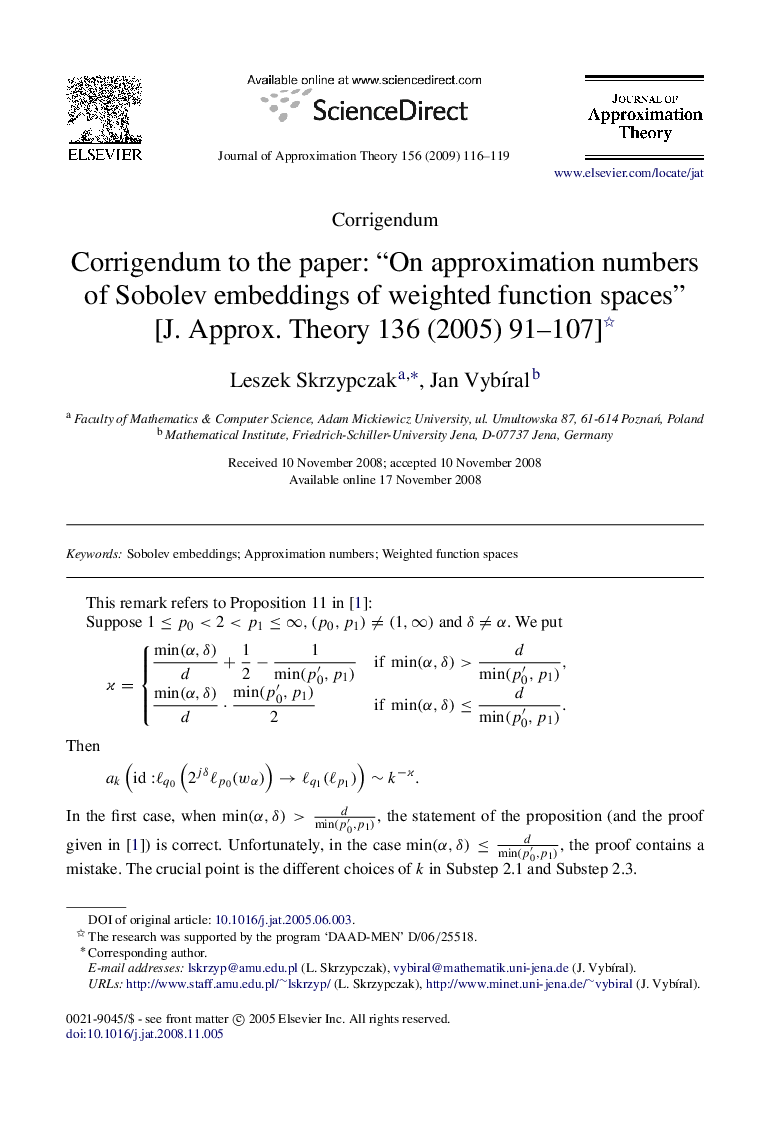 Corrigendum to the paper: “On approximation numbers of Sobolev embeddings of weighted function spaces” [J. Approx. Theory 136 (2005) 91-107]