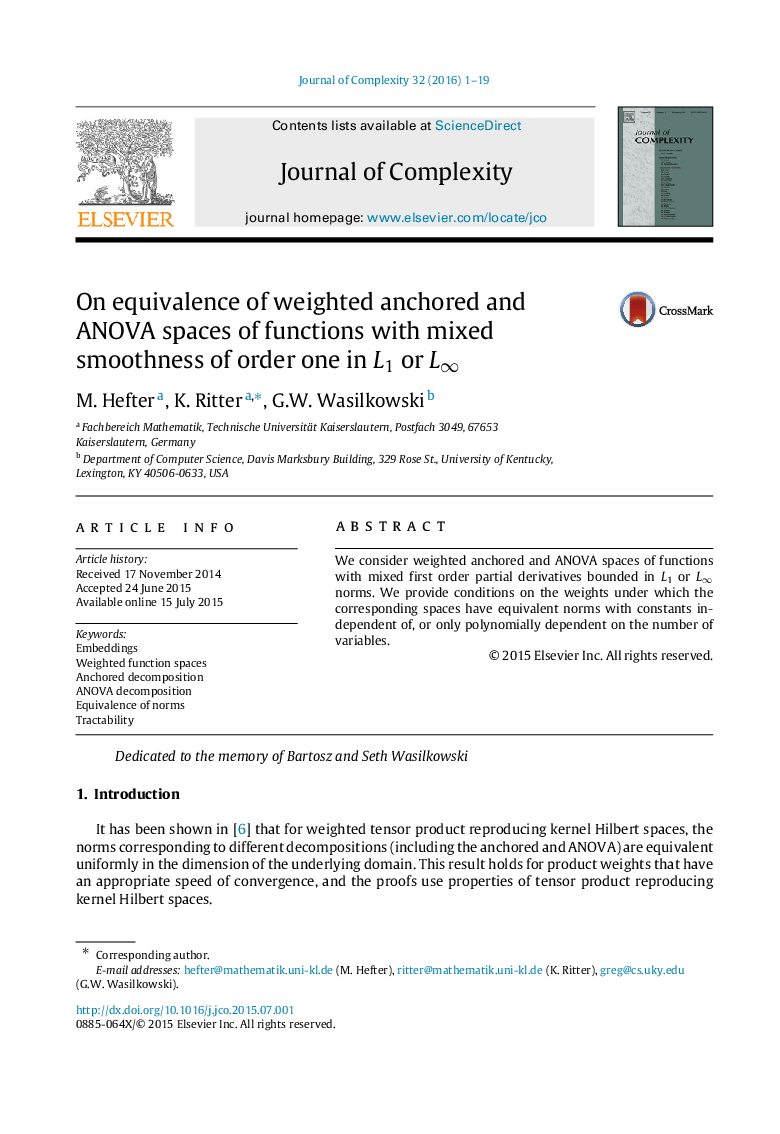 On equivalence of weighted anchored and ANOVA spaces of functions with mixed smoothness of order one in L1L1 or L∞L∞