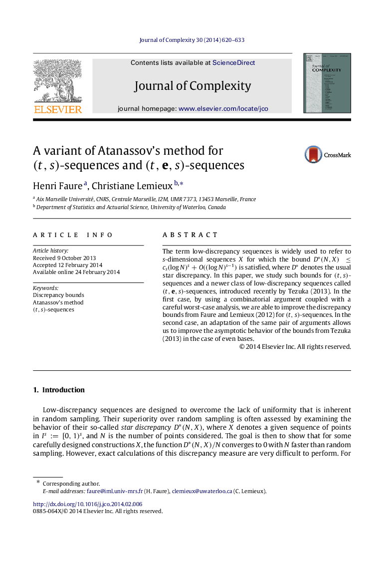 A variant of Atanassov’s method for (t,s)(t,s)-sequences and (t,e,s)-sequences