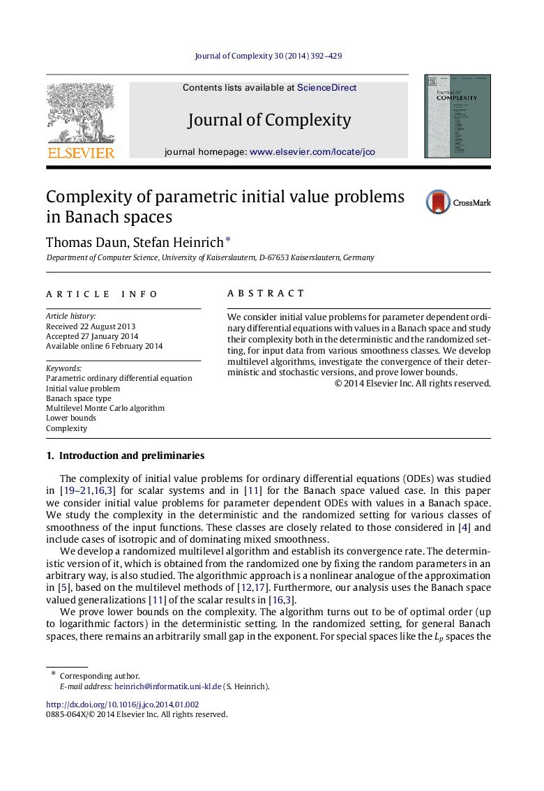 Complexity of parametric initial value problems in Banach spaces