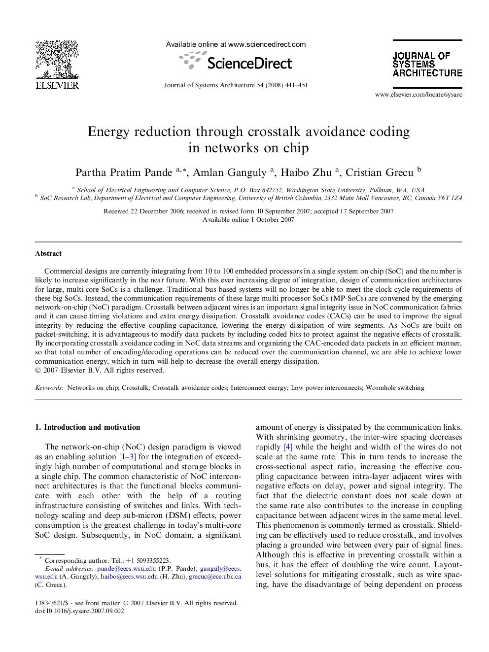 Energy reduction through crosstalk avoidance coding in networks on chip