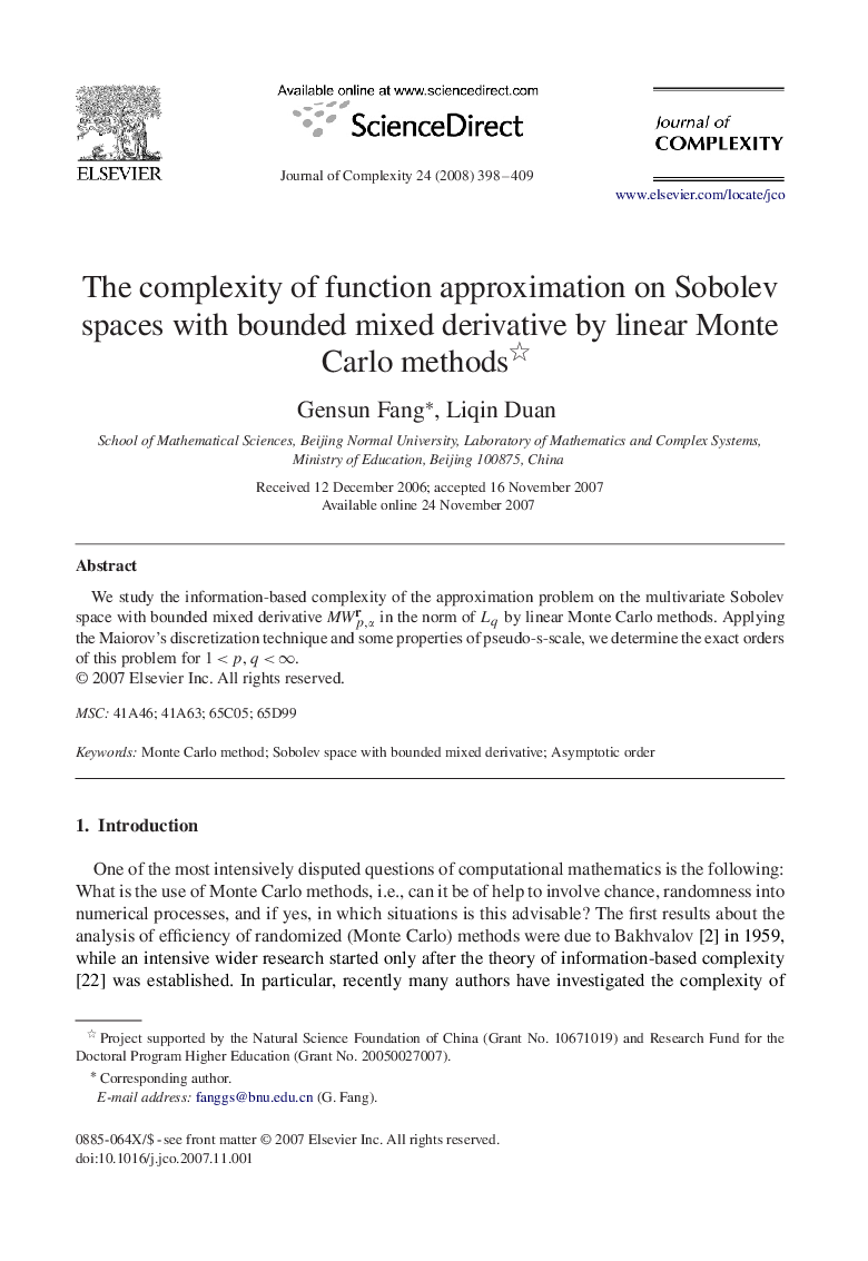 The complexity of function approximation on Sobolev spaces with bounded mixed derivative by linear Monte Carlo methods 