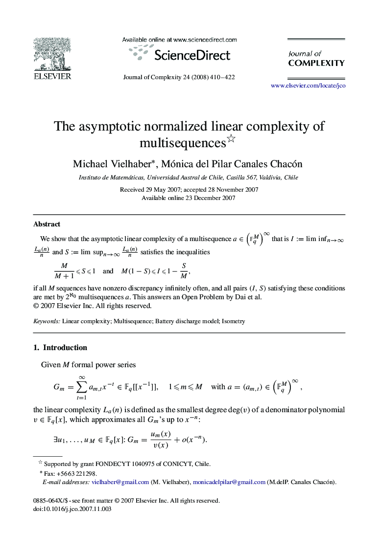 عکس صفحه اول مقاله: The asymptotic normalized linear complexity of multisequences The asymptotic normalized linear complexity of multisequences