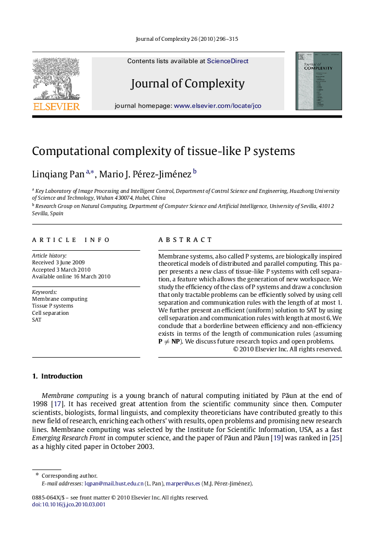 Computational complexity of tissue-like P systems