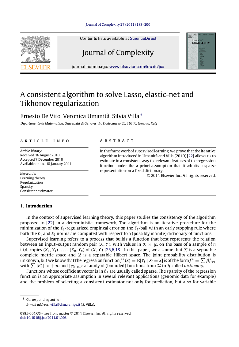 A consistent algorithm to solve Lasso, elastic-net and Tikhonov regularization