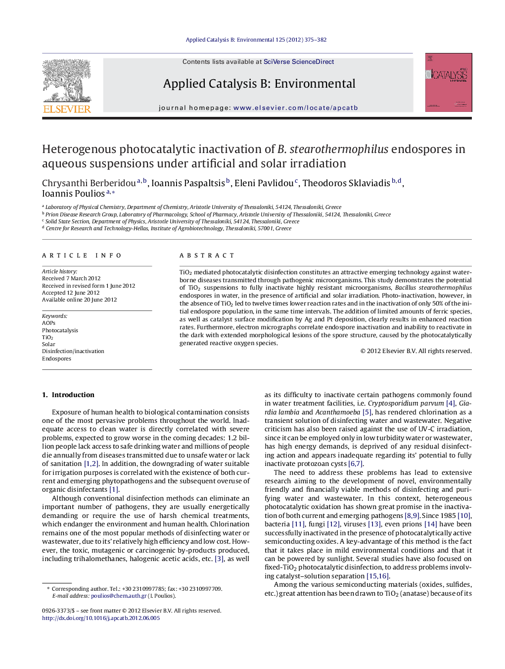 Heterogenous photocatalytic inactivation of B. stearothermophilus endospores in aqueous suspensions under artificial and solar irradiation