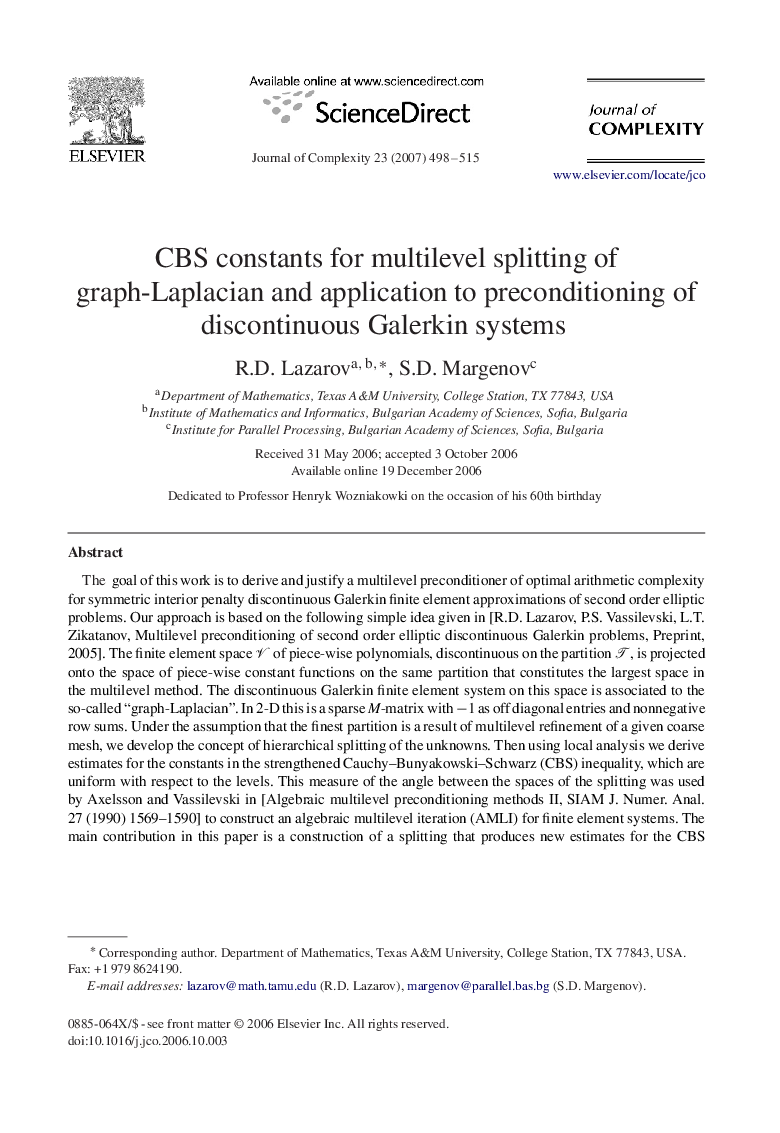 CBS constants for multilevel splitting of graph-Laplacian and application to preconditioning of discontinuous Galerkin systems