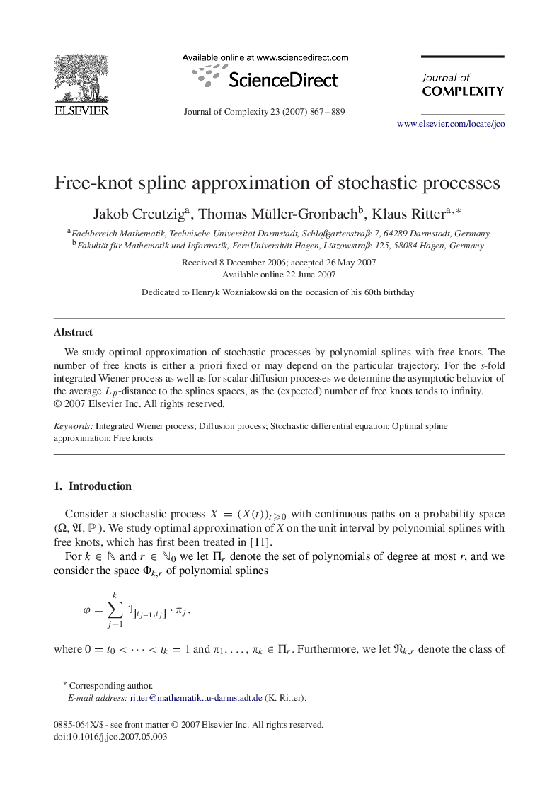 Free-knot spline approximation of stochastic processes