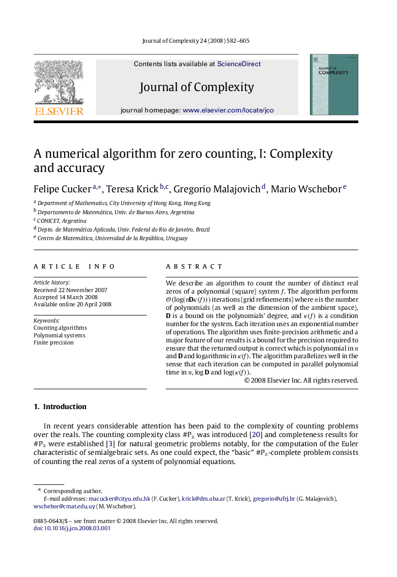 A numerical algorithm for zero counting, I: Complexity and accuracy