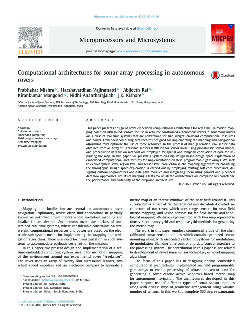 Computational architectures for sonar array processing in autonomous rovers