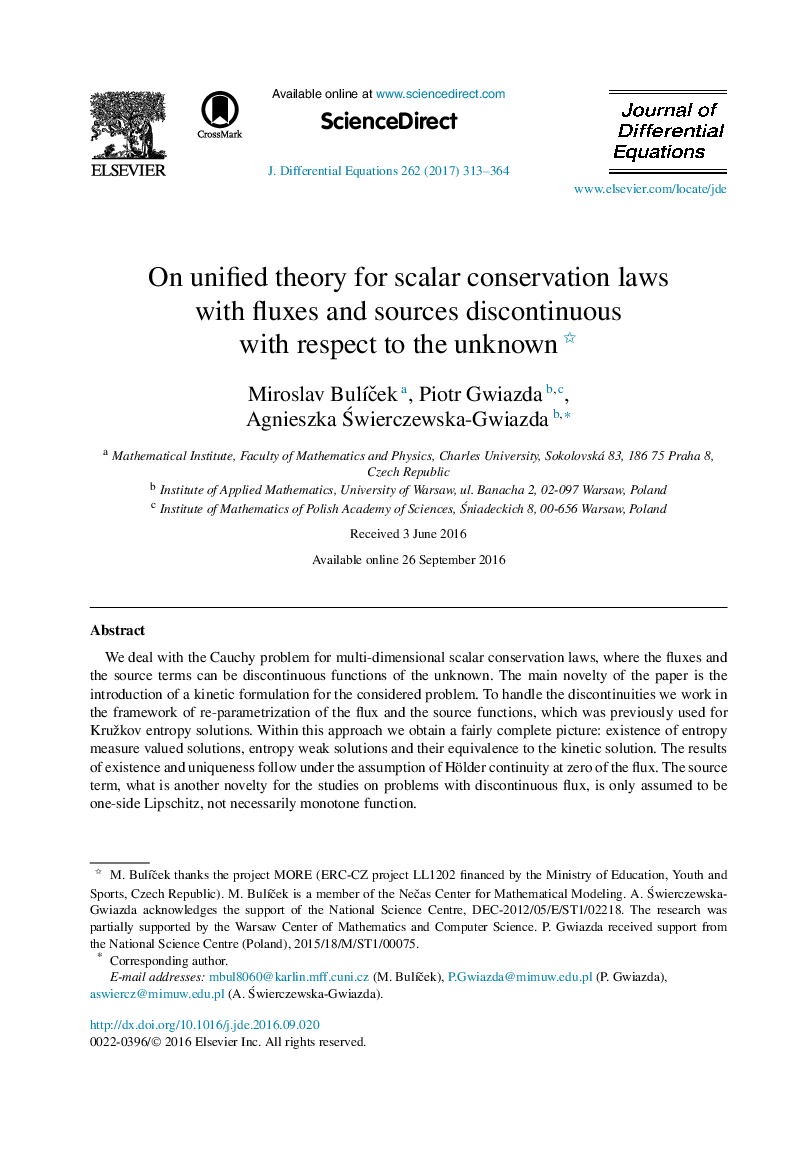 On unified theory for scalar conservation laws with fluxes and sources discontinuous with respect to the unknown 
