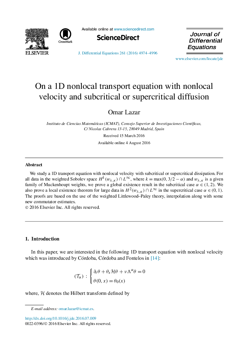 On a 1D nonlocal transport equation with nonlocal velocity and subcritical or supercritical diffusion