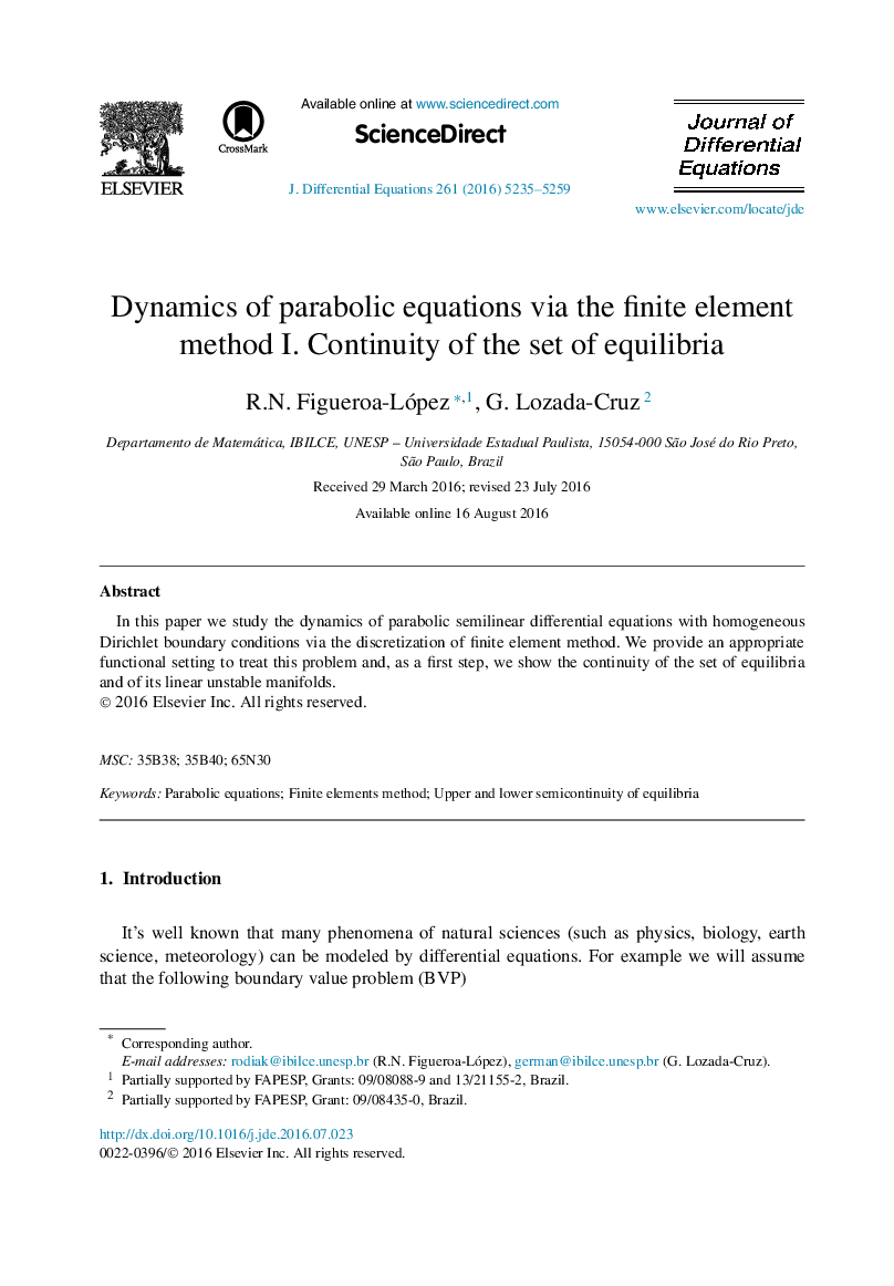 Dynamics of parabolic equations via the finite element method I. Continuity of the set of equilibria