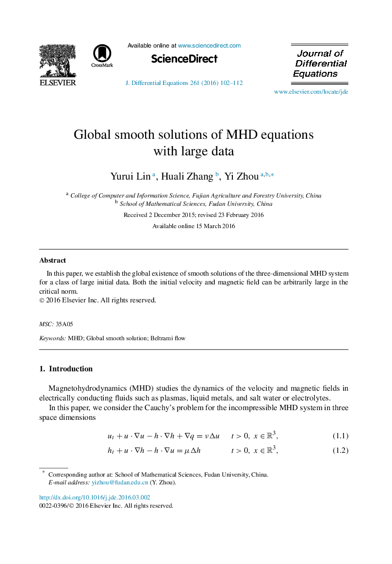 Global smooth solutions of MHD equations with large data