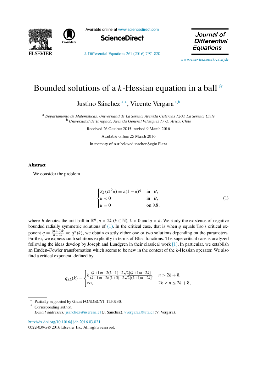 Bounded solutions of a k-Hessian equation in a ball 