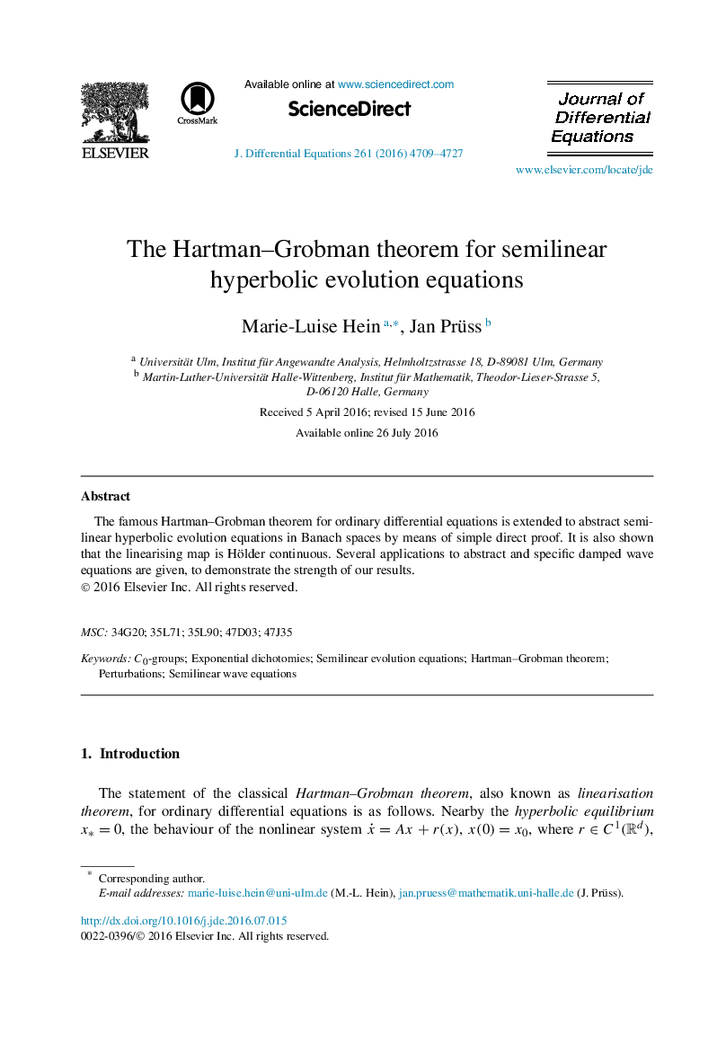 The Hartman–Grobman theorem for semilinear hyperbolic evolution equations