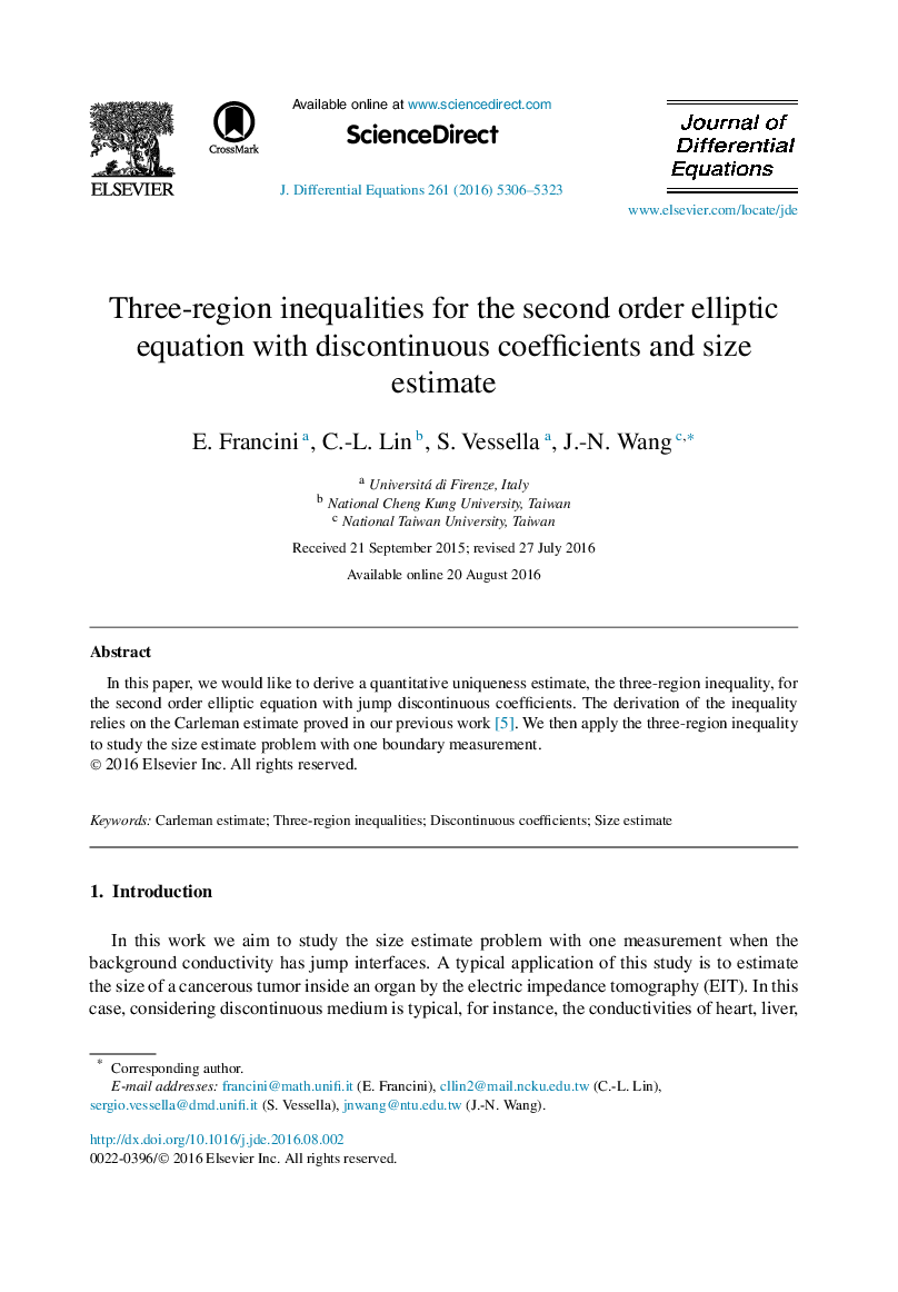 Three-region inequalities for the second order elliptic equation with discontinuous coefficients and size estimate