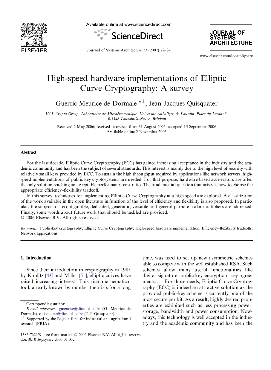 High-speed hardware implementations of Elliptic Curve Cryptography: A survey