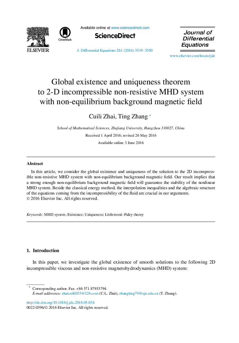 Global existence and uniqueness theorem to 2-D incompressible non-resistive MHD system with non-equilibrium background magnetic field