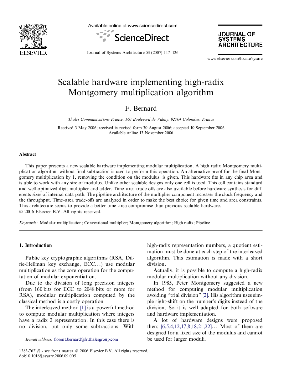 Scalable hardware implementing high-radix Montgomery multiplication algorithm