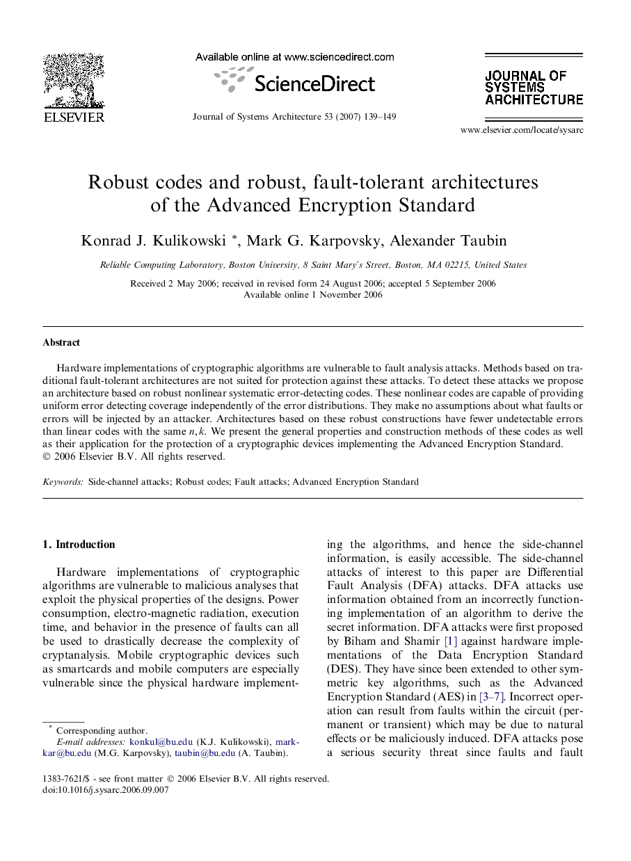 Robust codes and robust, fault-tolerant architectures of the Advanced Encryption Standard