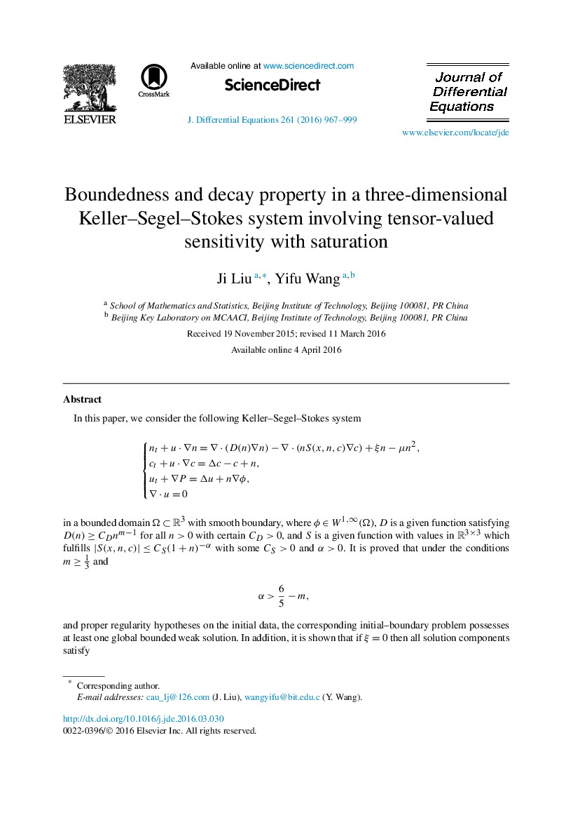 Boundedness and decay property in a three-dimensional Keller–Segel–Stokes system involving tensor-valued sensitivity with saturation