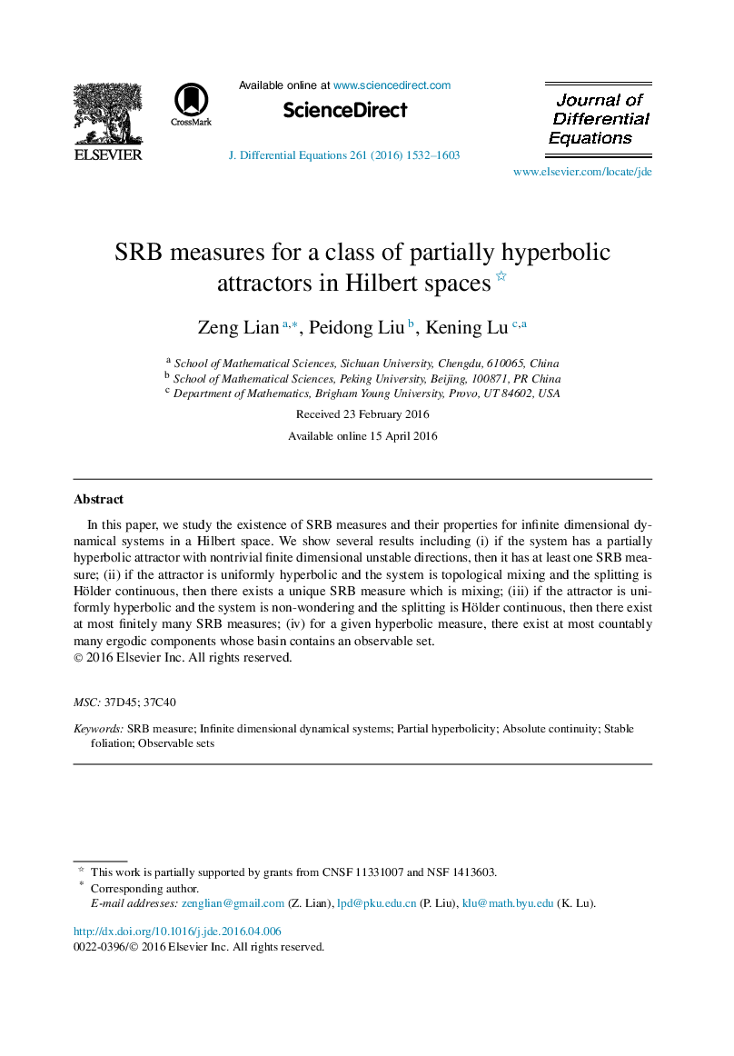 SRB measures for a class of partially hyperbolic attractors in Hilbert spaces 