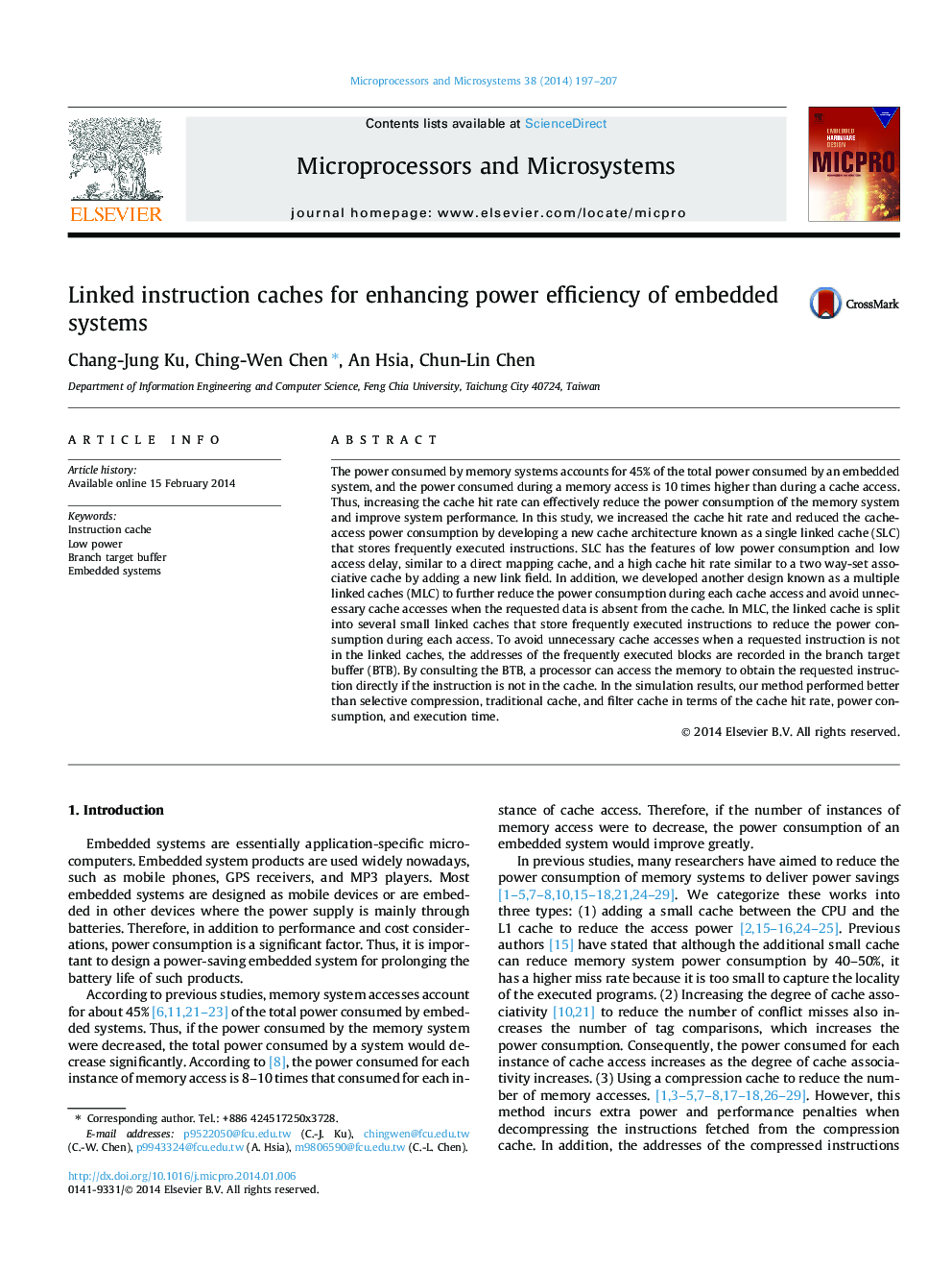 Linked instruction caches for enhancing power efficiency of embedded systems