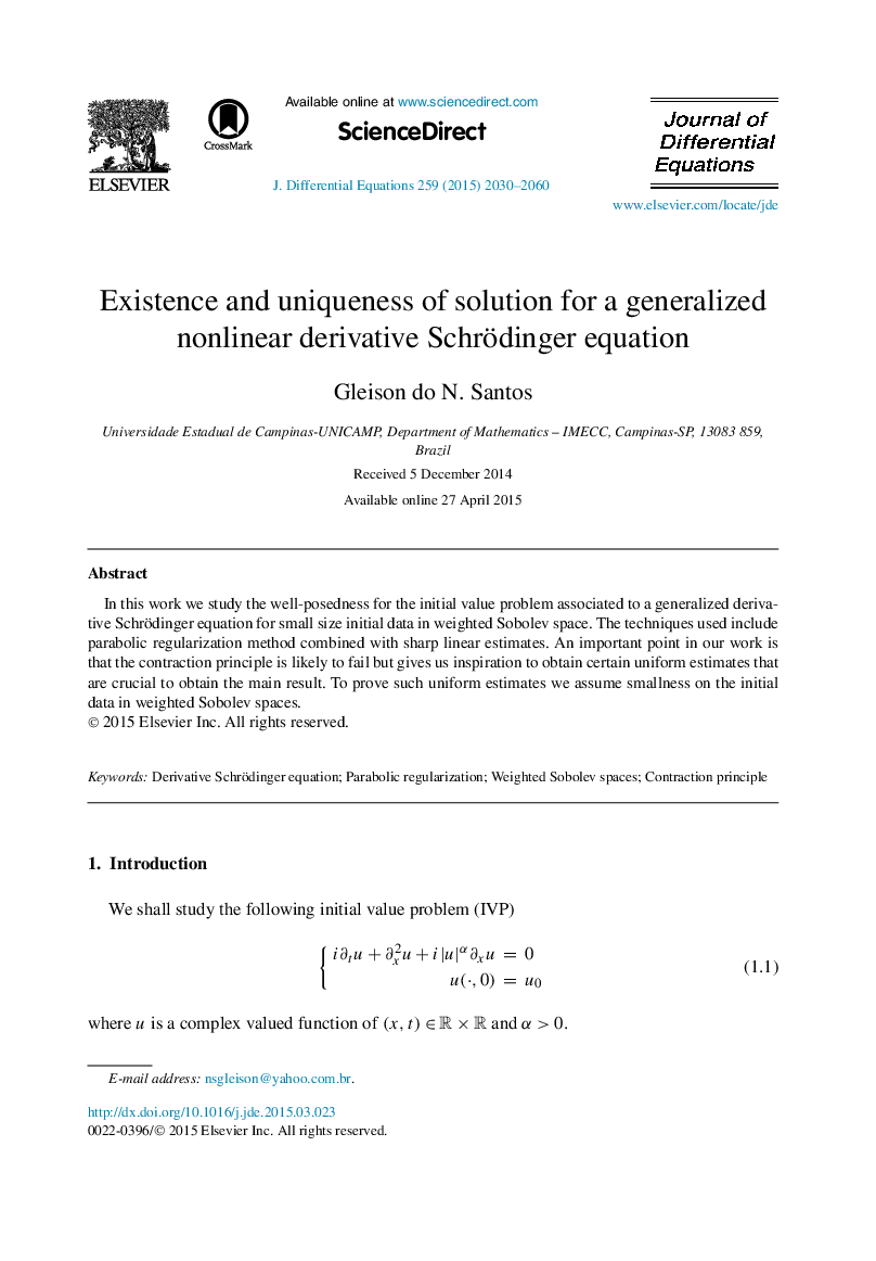 Existence and uniqueness of solution for a generalized nonlinear derivative Schrödinger equation