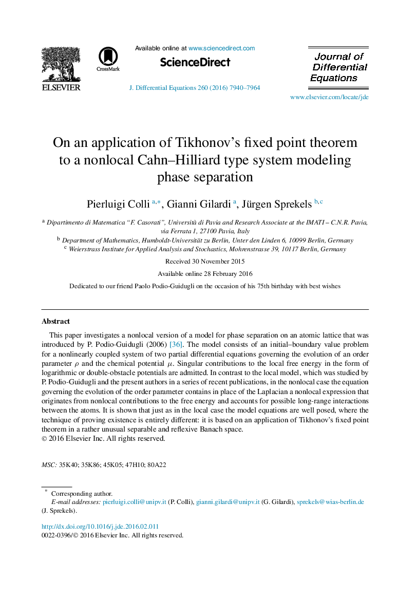 On an application of Tikhonov's fixed point theorem to a nonlocal Cahn–Hilliard type system modeling phase separation