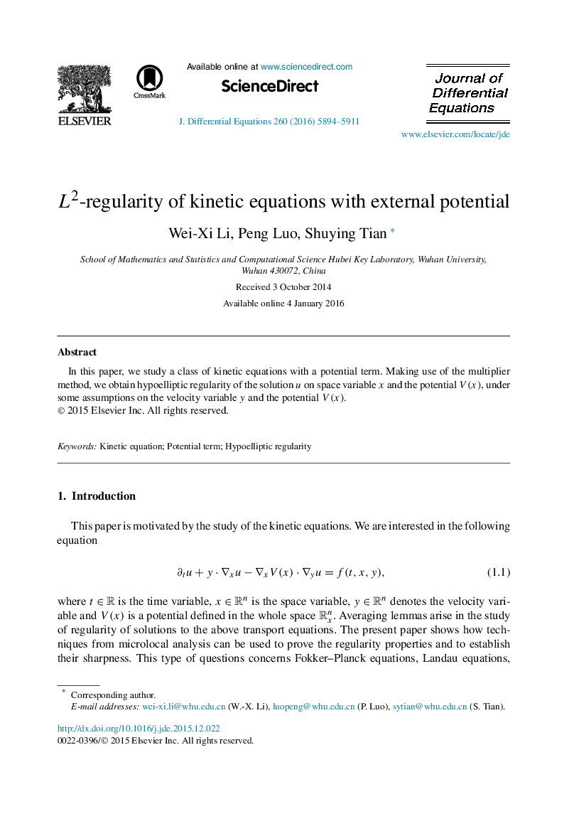 L2-regularity of kinetic equations with external potential