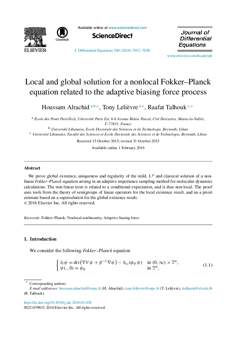 Local and global solution for a nonlocal Fokker–Planck equation related to the adaptive biasing force process