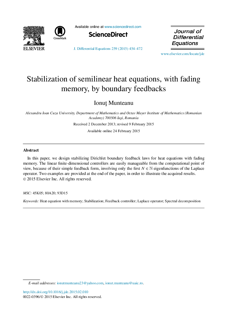 Stabilization of semilinear heat equations, with fading memory, by boundary feedbacks